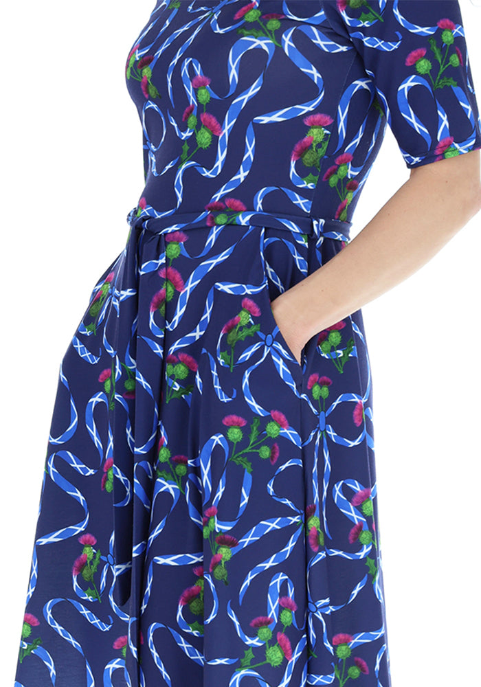 Fourth angle of Navy Scotland Print Flat Waist Jersey Dress