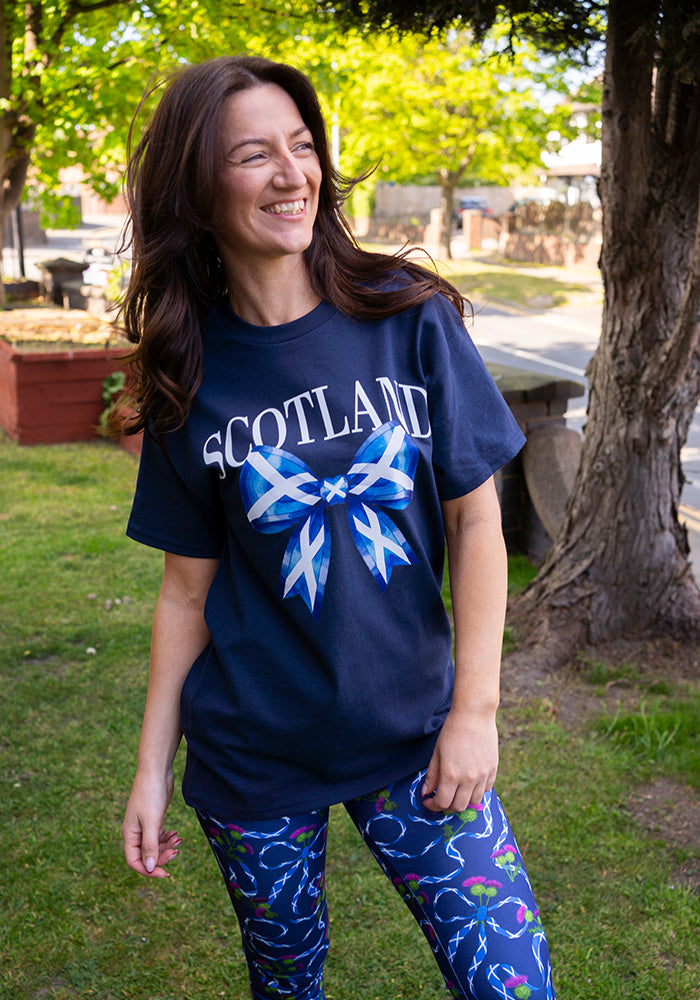 Front view of Navy Scotland Graphic T-Shirt, class navy t-shirt with Scotland inspired Graphic print.