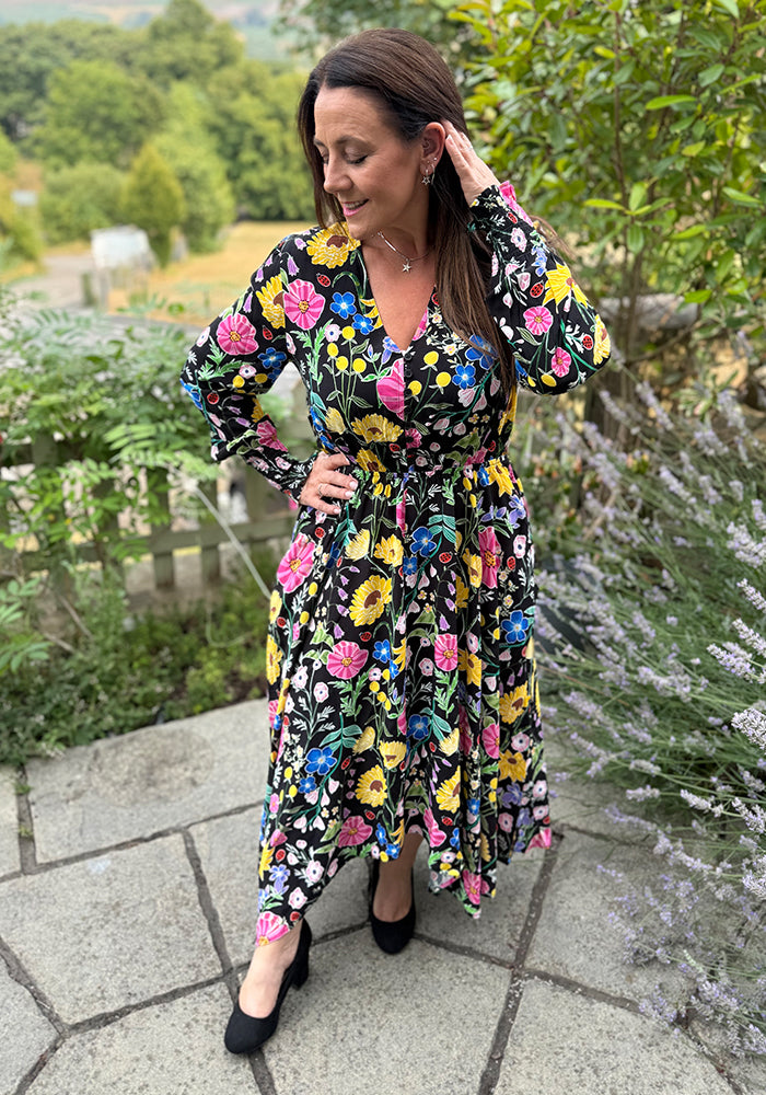 Shanti Black Bold Floral Print Handkerchief Hem Dress