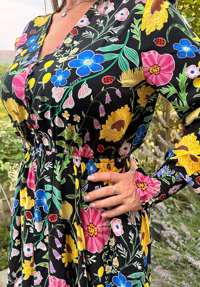 Shanti Black Bold Floral Print Handkerchief Hem Dress