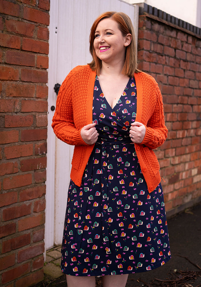 Front view of Sheridan Rainbow Snails Print Cotton Dress