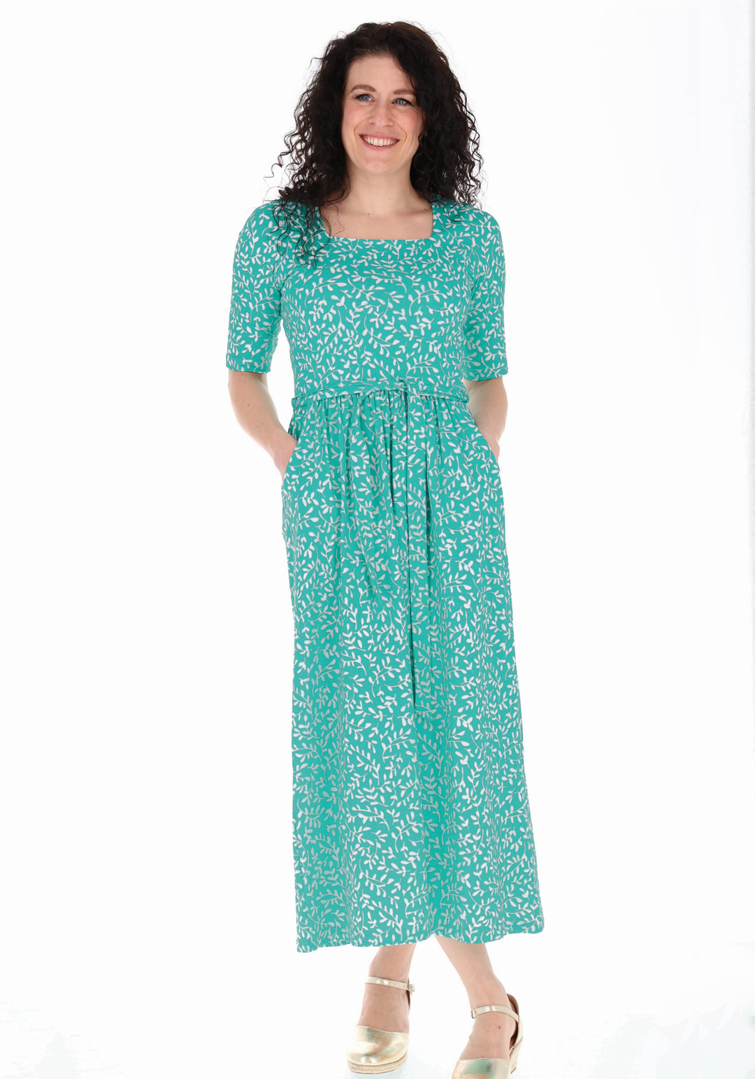 Third angle of Blanche Sea Green Sprig Print Cotton Midaxi Dress