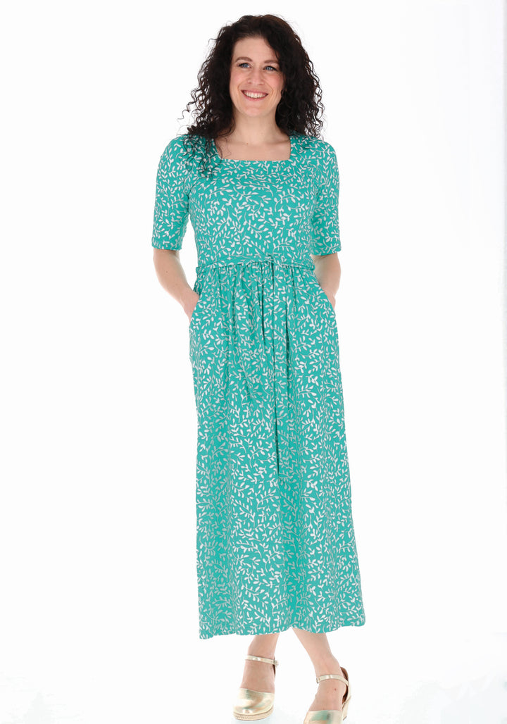 Third angle of Blanche Sea Green Sprig Print Cotton Midaxi Dress