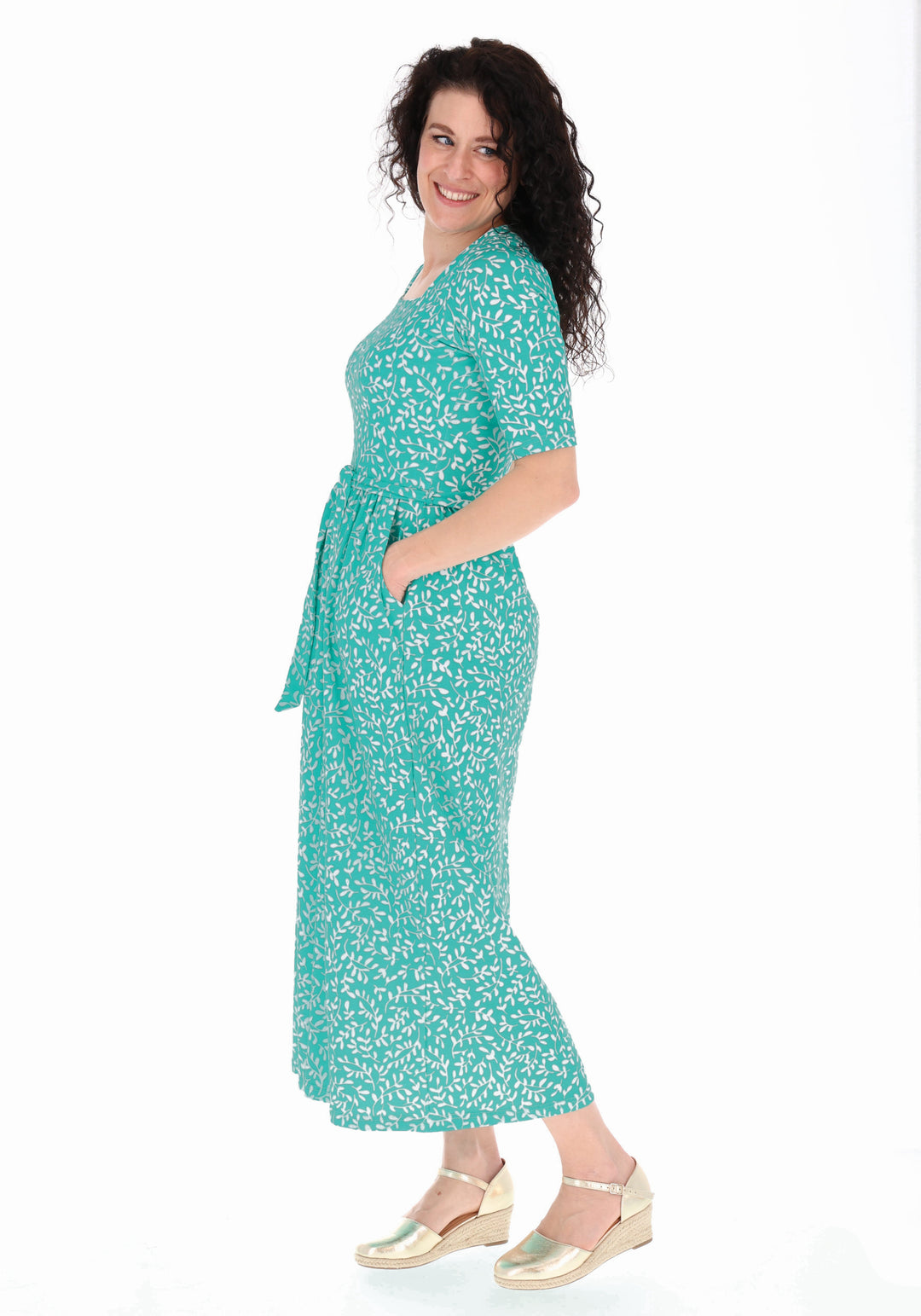 Sixth angle of Blanche Sea Green Sprig Print Cotton Midaxi Dress