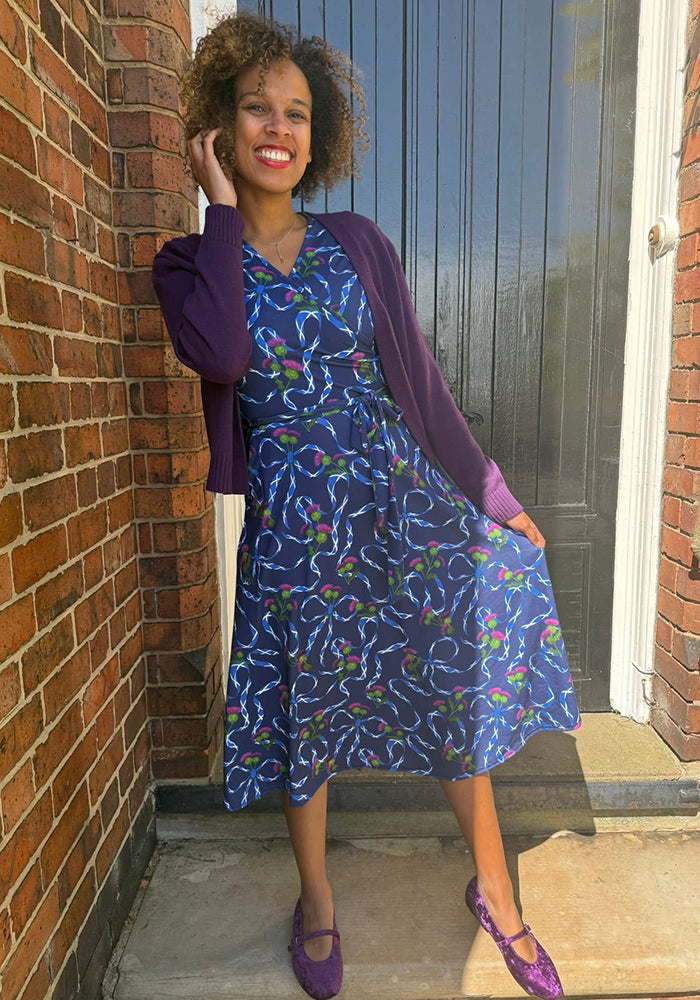Fourth angle of Navy Scotland Print Wrap Midi Jersey Dress