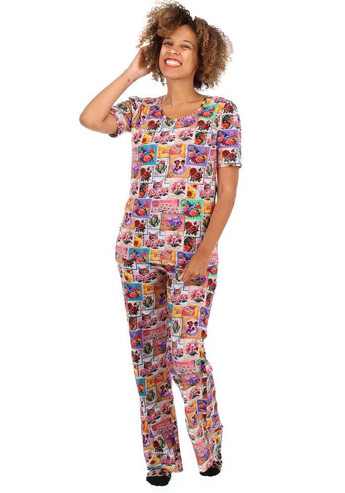 Third angle of Vintage Stamp Print Straight Leg Cotton Pyjama Set