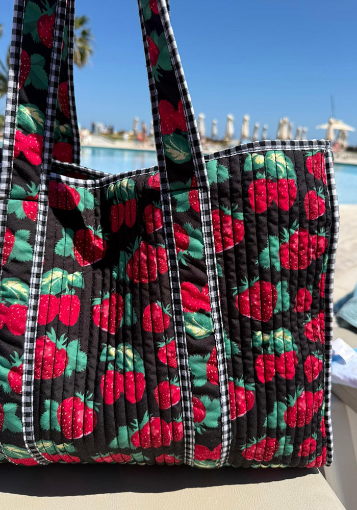 Third angle of Strawberry Print Quilted Tote Bag, strawberry Print Quilted Tote Bag Fun, practical and impossible to miss.