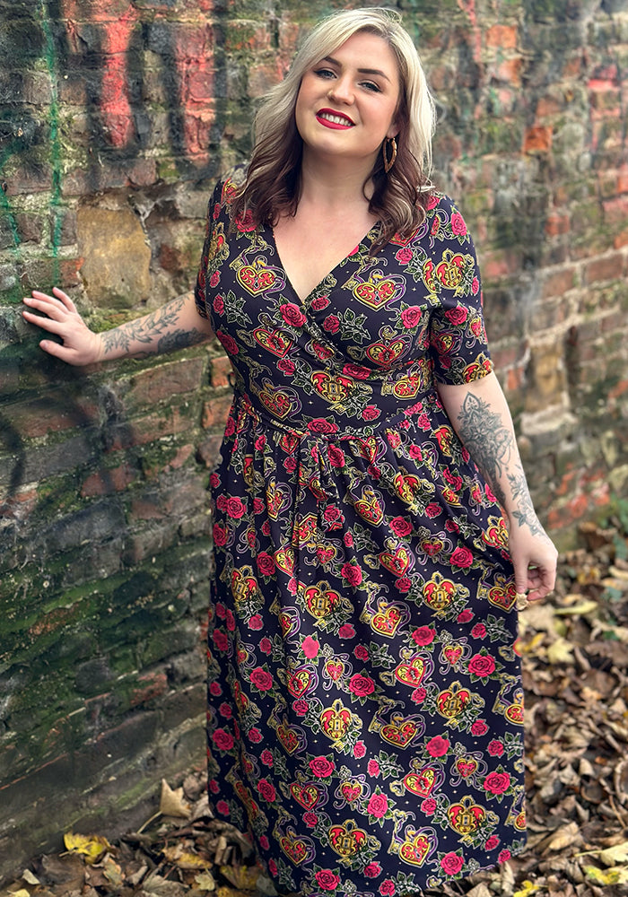 Front view of Stephie Navy Lock and Key Tattoo Print Cotton Midi Dress