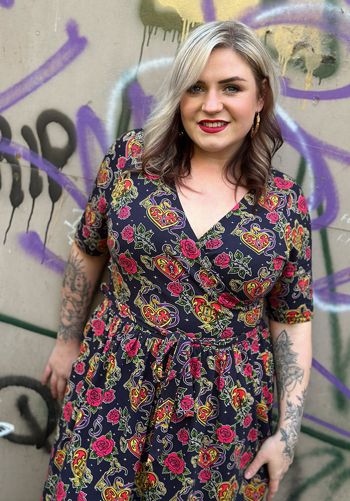 Fifth angle of Stephie Navy Lock and Key Tattoo Print Cotton Midi Dress