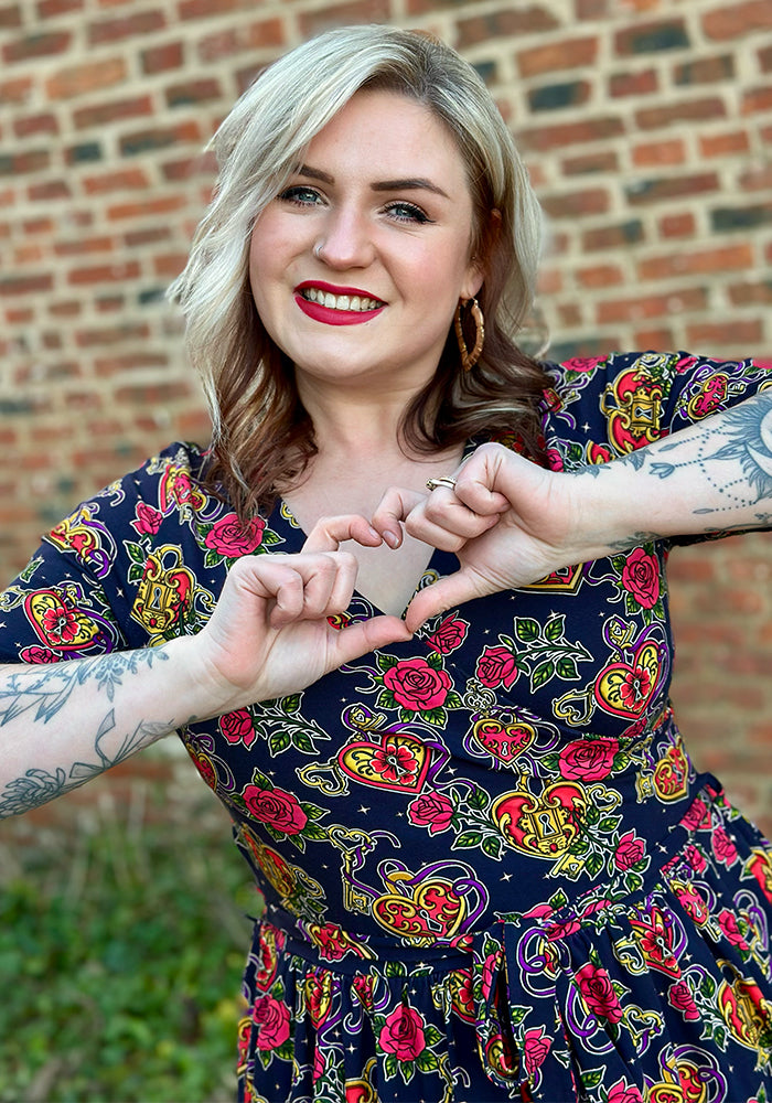 Third angle of Stephie Navy Lock and Key Tattoo Print Cotton Midi Dress