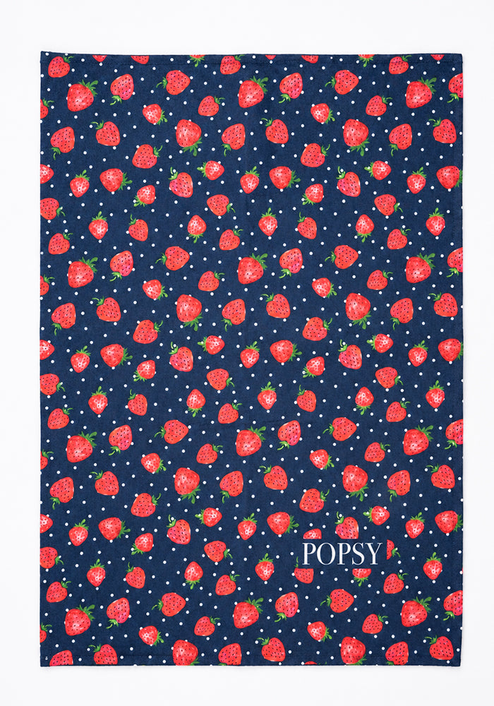 Navy Strawberries Print Tea Towel