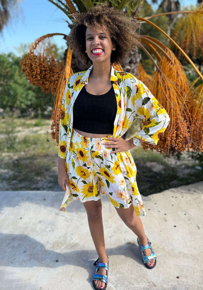 Fifth angle of Zinzi White Sunflower Print Woven Shirt Dress