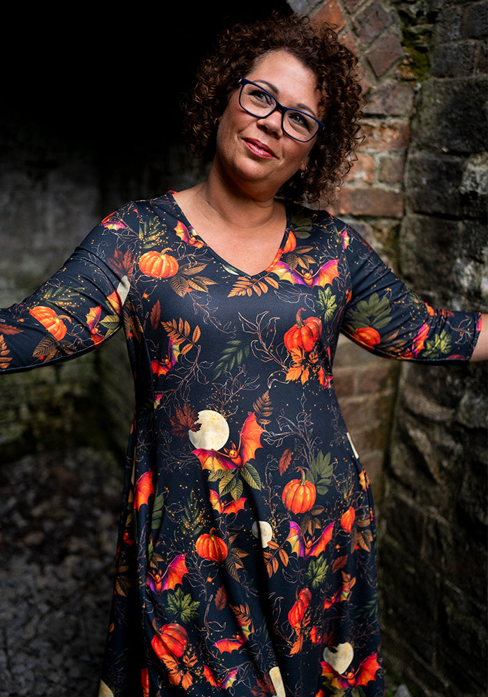 Tanith Pumpkins & Bat Print Trapeze Dress