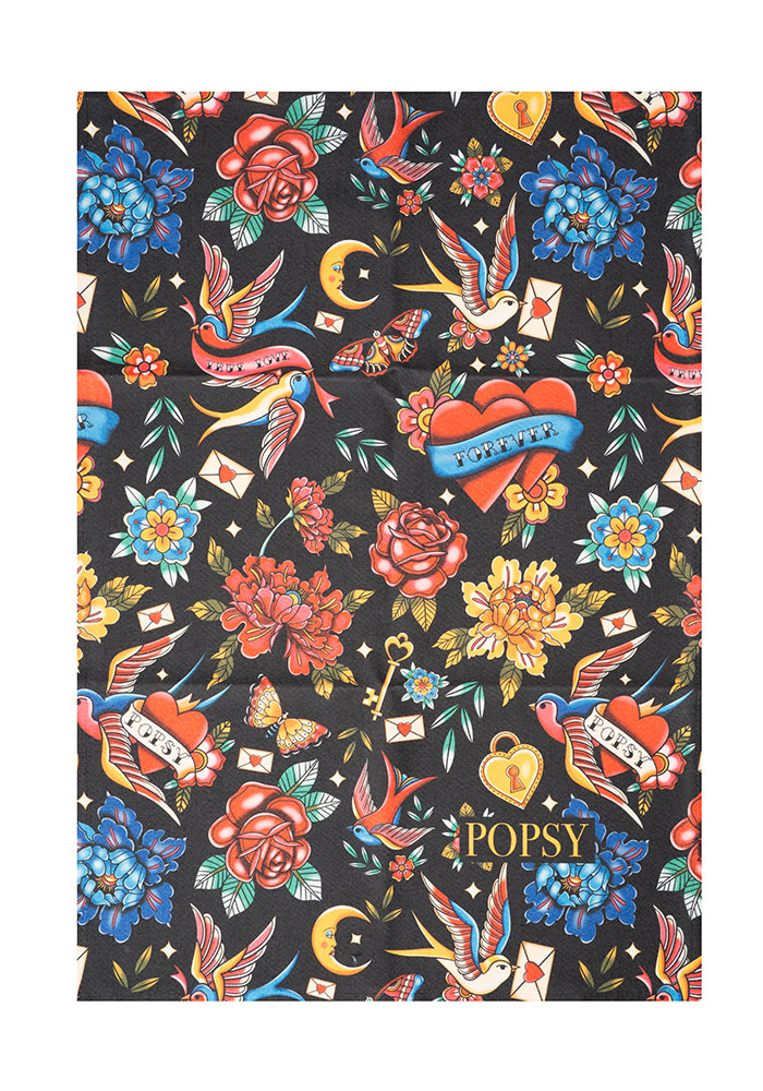Front view of Tattoo Print Tea Towel (Black)