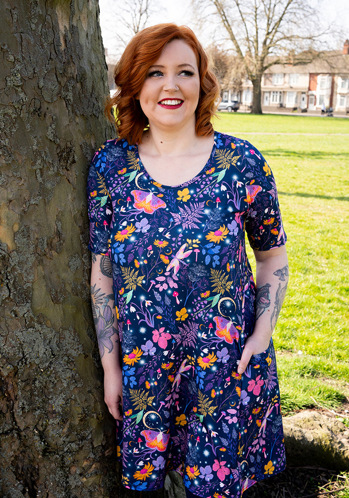 Front view of Taylor Purple Magical Moth Print Jersey Tunic