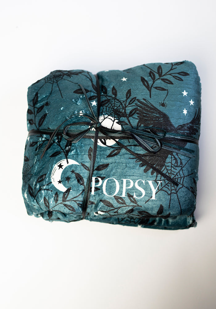 Extra Long Teal Raven Print Plush Throw Blanket (Pop-Under)
