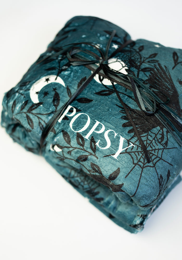 Extra Long Teal Raven Print Plush Throw Blanket (Pop-Under)