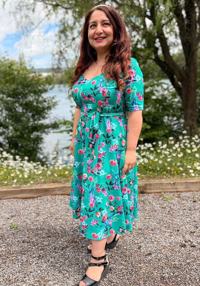 Fifth angle of Tillie Teal Floral Print Scuba Crepe Vintage Swing Dress