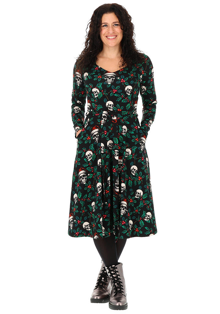 Tessara Holly &amp; Skulls Print Cotton Vintage Swing Dress