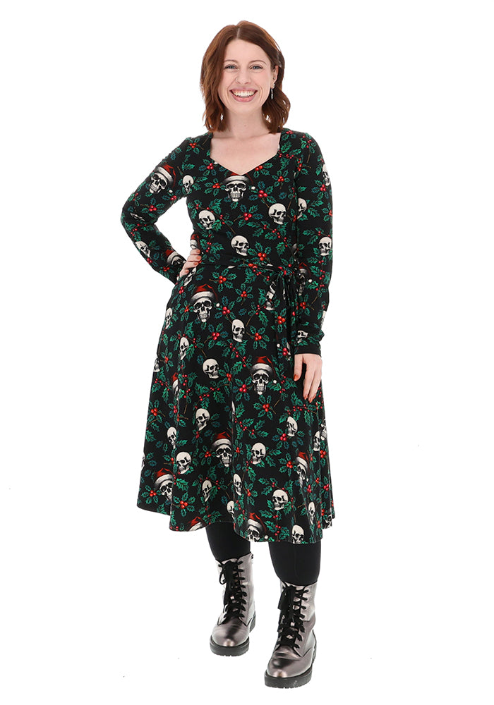 Tessara Holly &amp; Skulls Print Cotton Vintage Swing Dress