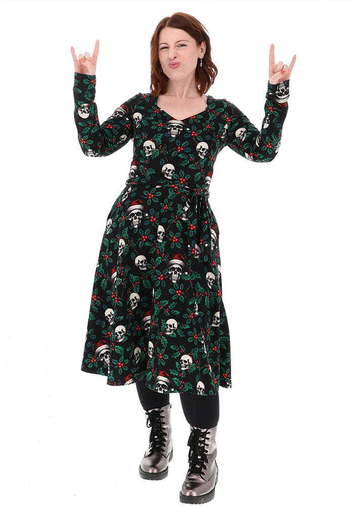 Tessara Holly &amp; Skulls Print Cotton Vintage Swing Dress