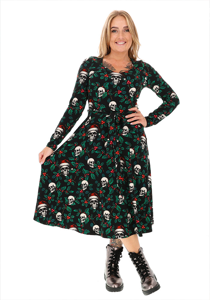 Tessara Holly &amp; Skulls Print Cotton Vintage Swing Dress