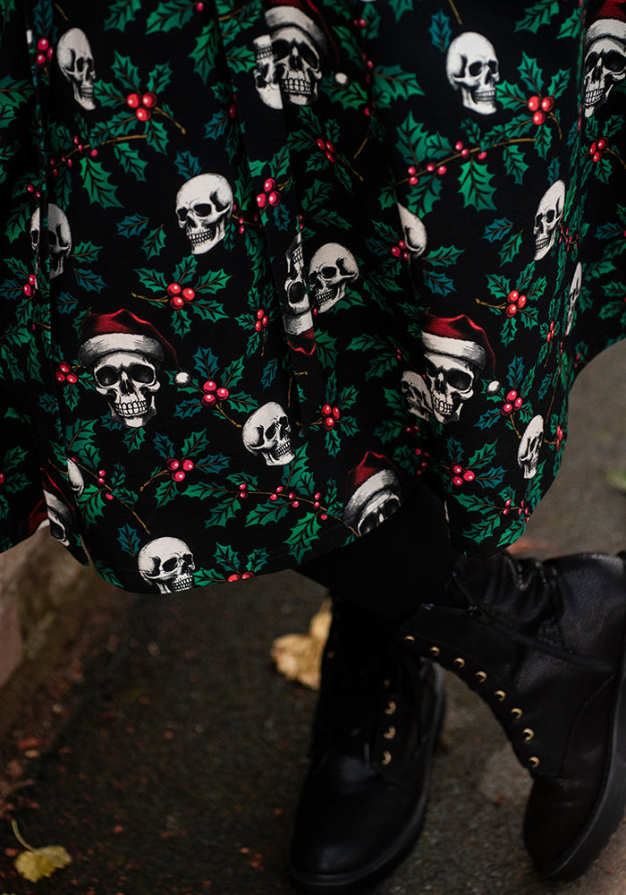 Tessara Holly &amp; Skulls Print Cotton Vintage Swing Dress