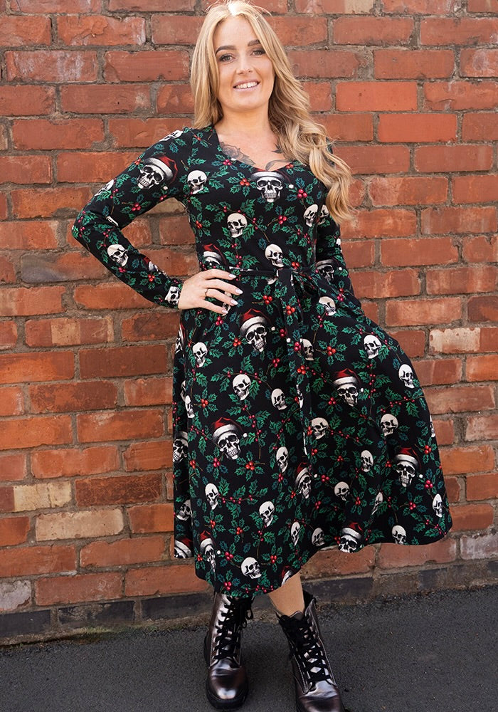 Tessara Holly &amp; Skulls Print Cotton Vintage Swing Dress
