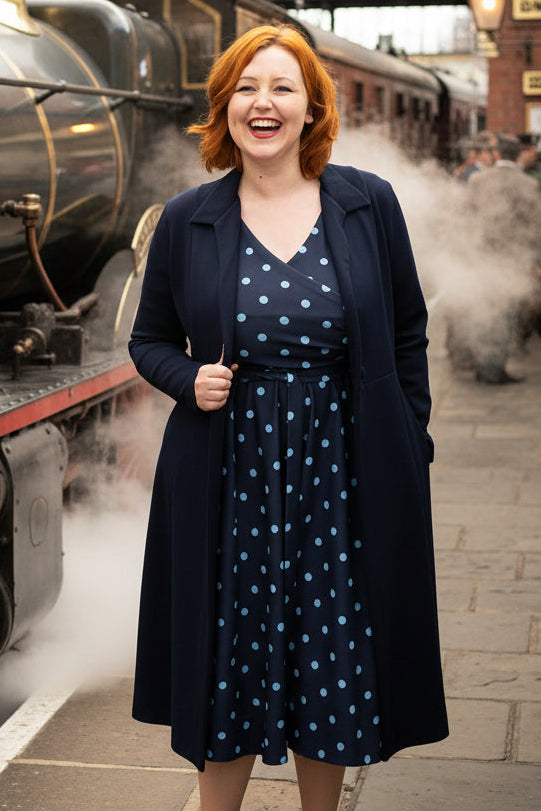 Fourth angle of Lesleigh Navy &amp; Blue Spot Print Scuba Vintage Swing Dress