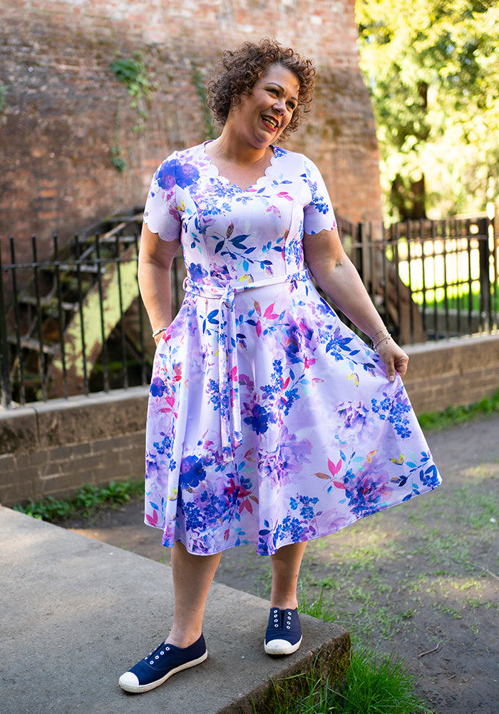 Westley Lilac Floral Print Scallop Vintage Swing Dress