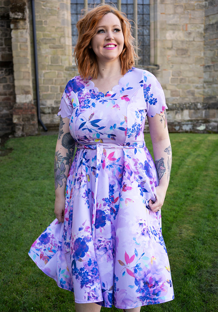 Westley Lilac Floral Print Scallop Vintage Swing Dress