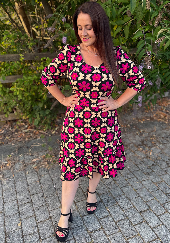 Whit Retro Butterfly Tile Print Cotton Dress