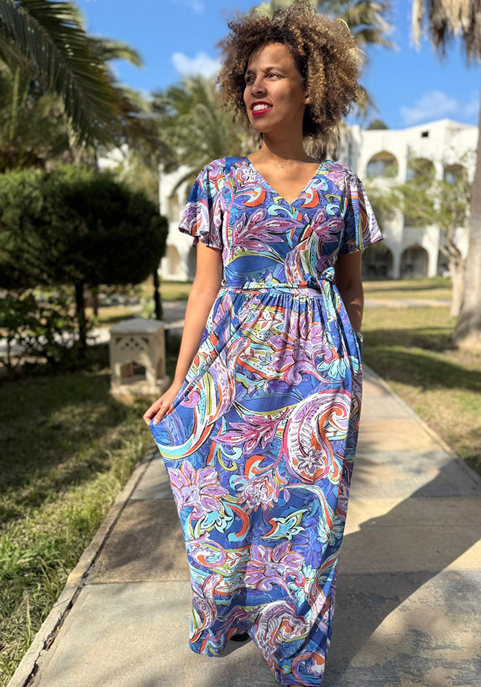 Front view of Zyla Painted Paisley Print Maxi Dress