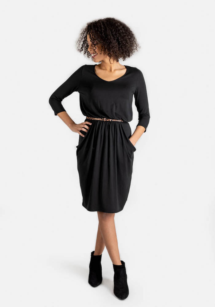 Front view of Olive Black Blouson Waist Dress