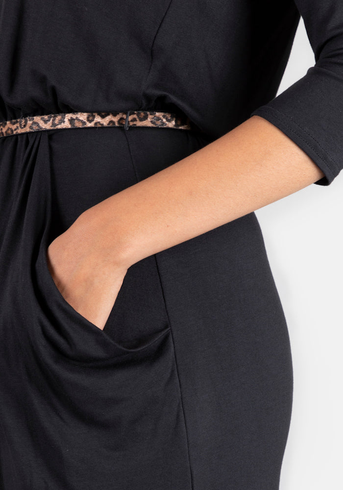 Third angle of Olive Black Blouson Waist Dress