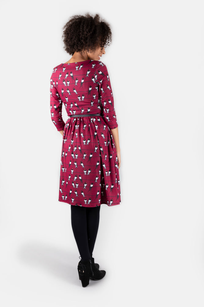 Yasmin Wine Swallow Print Dress