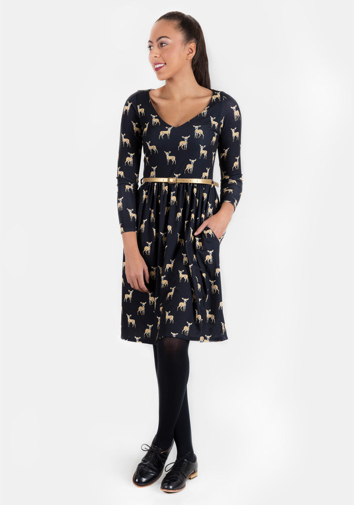 Front view of Deirdre Black Deer Print Dress
