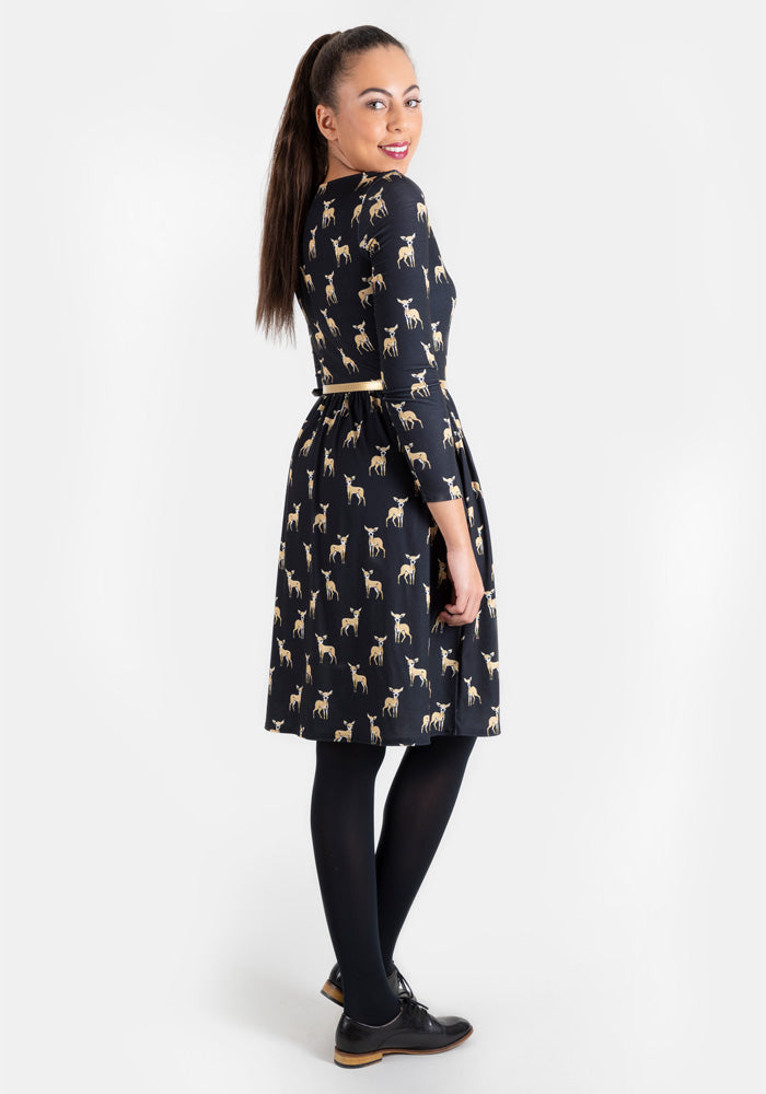 Second angle of Deirdre Black Deer Print Dress