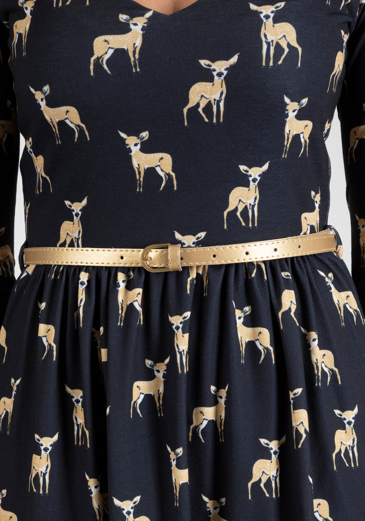 Third angle of Deirdre Black Deer Print Dress
