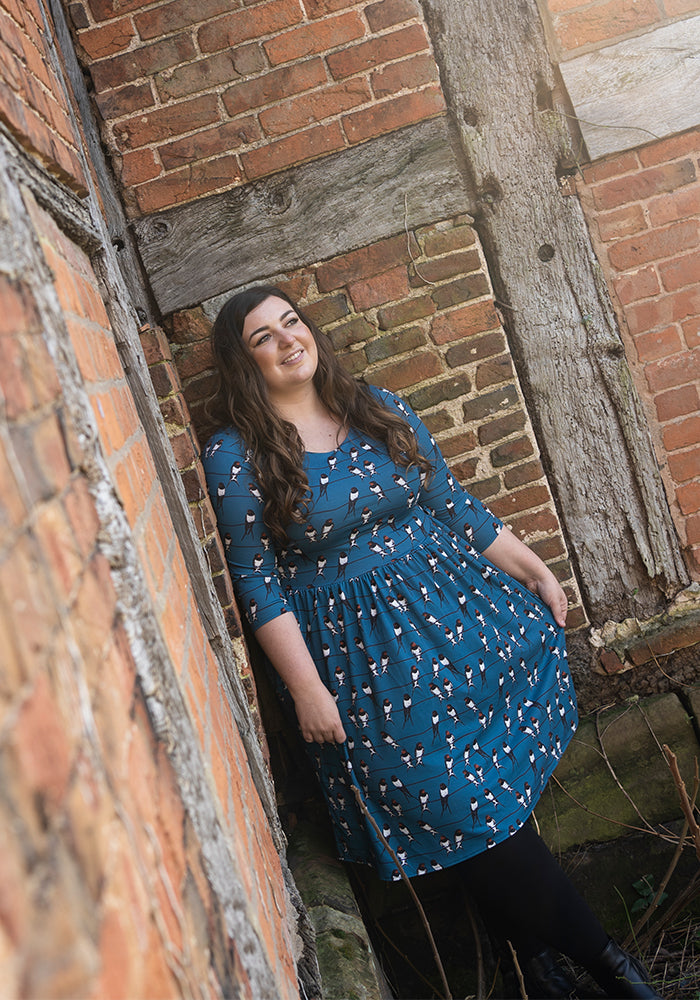 Yasmin Teal Swallow Print Dress