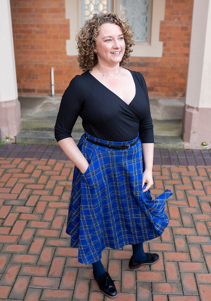 Bridget Cobalt Tartan Midi A-Line Skirt