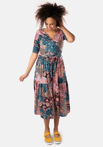 Alifair Boho Patchwork Print Tiered Hem Midi Dress