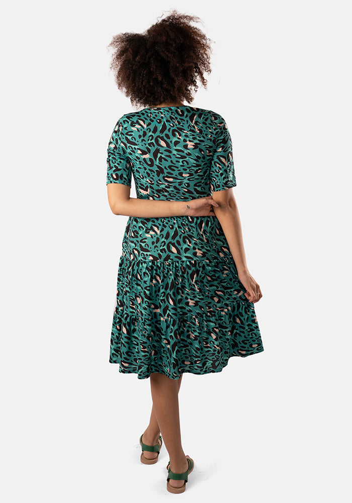 Angelique Green Animal Print Tiered Hem Dress