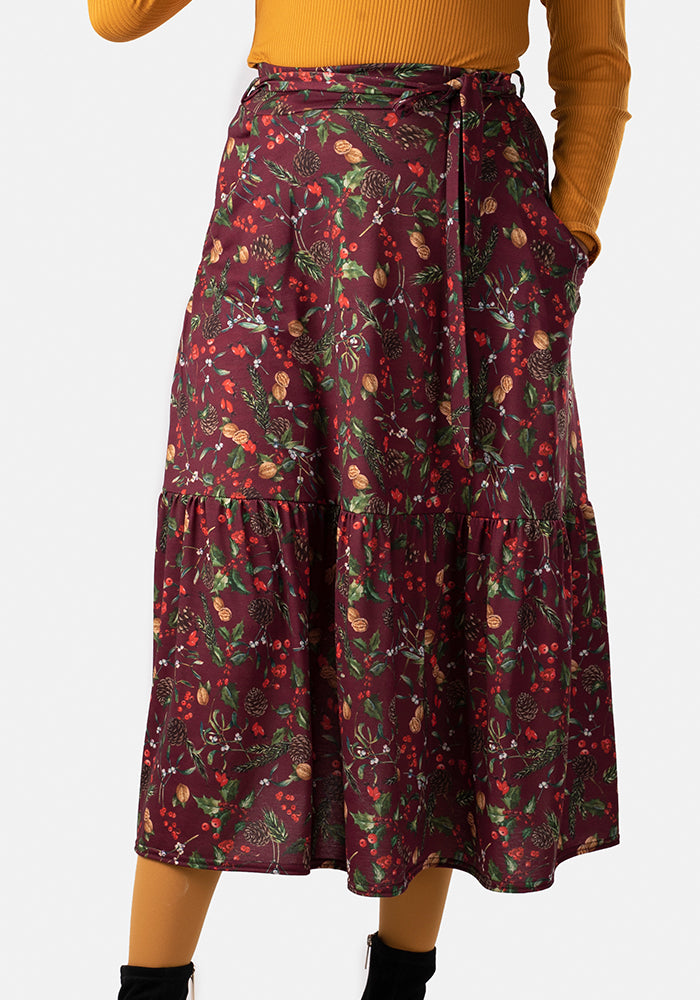 Aramis Holly Mistletoe & Nuts Print Tiered Hem Midi Skirt