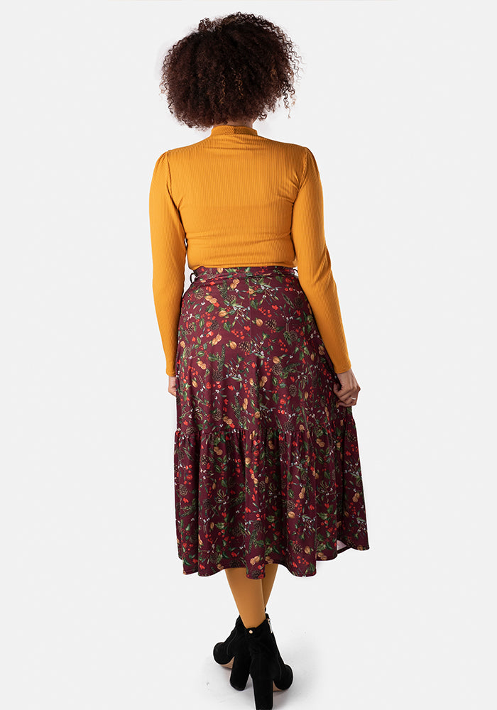 Aramis Holly Mistletoe & Nuts Print Tiered Hem Midi Skirt