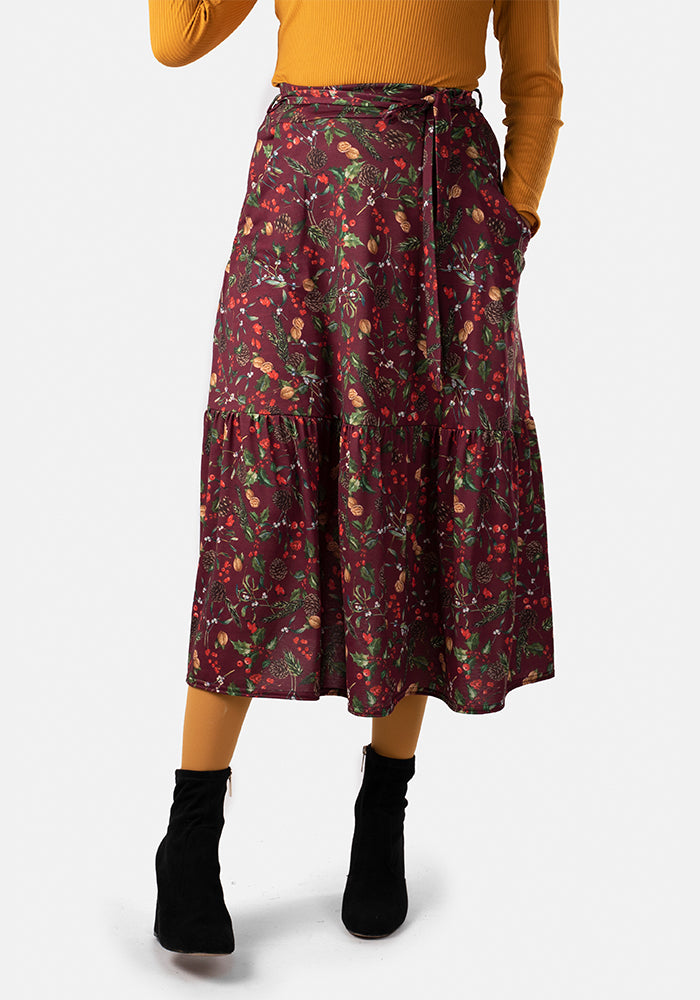 Aramis Holly Mistletoe & Nuts Print Tiered Hem Midi Skirt