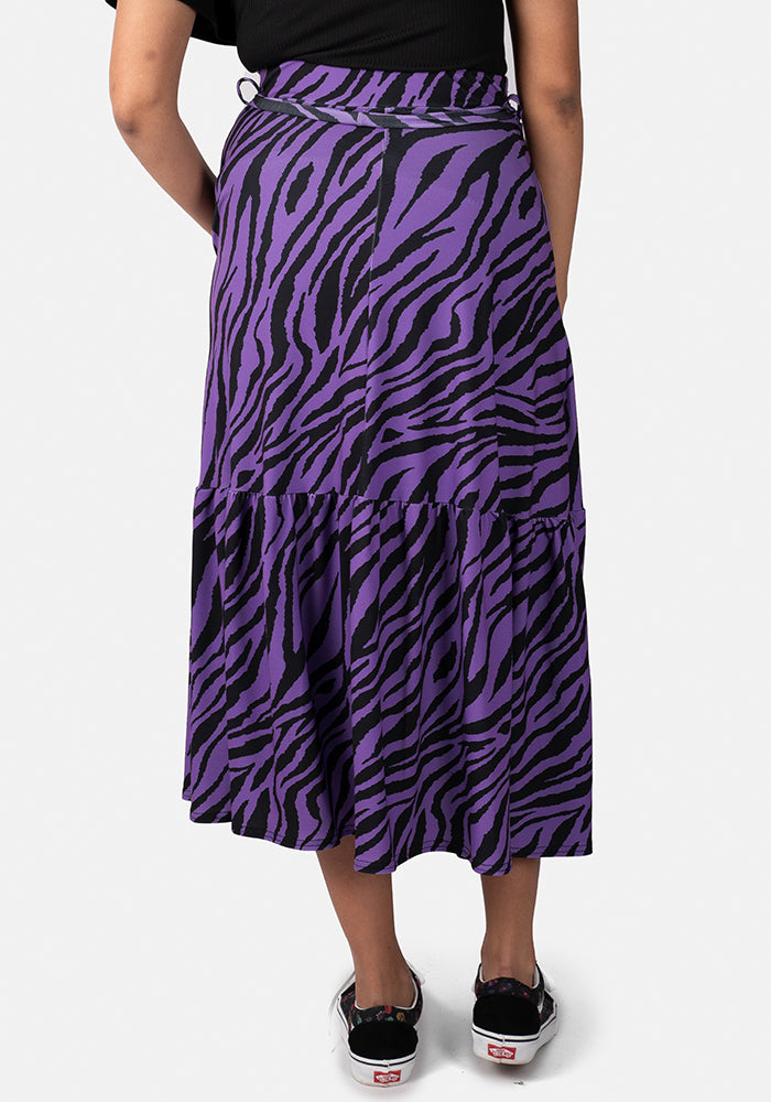 Aramis Purple Animal Print Tiered Hem Midi Skirt