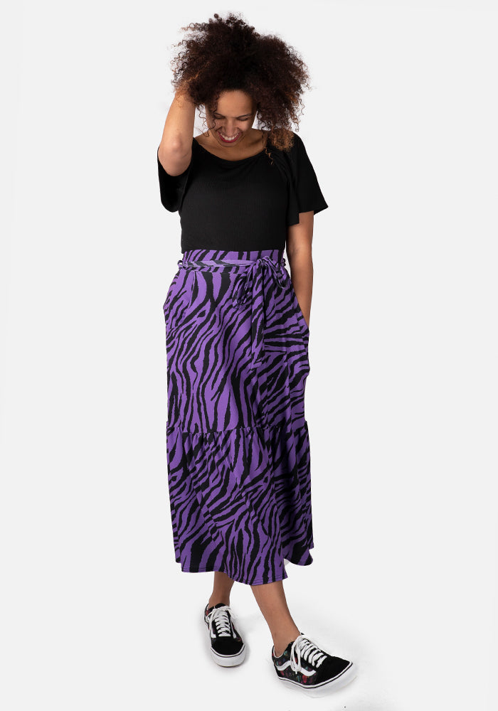Aramis Purple Animal Print Tiered Hem Midi Skirt