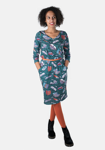 Aria Green Book Print Dress