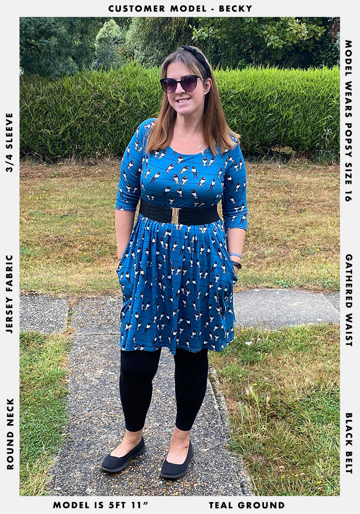 Yasmin Teal Swallow Print Dress